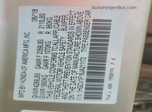 1HGCV1F16JA211172 2018 HONDA ACCORD Beige Engine compartment view