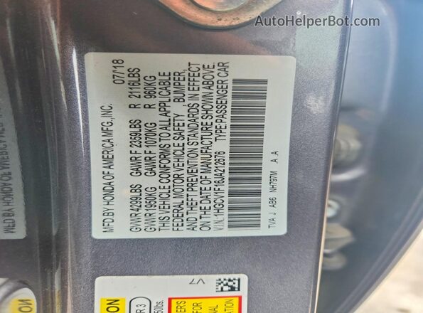 1HGCV1F16JA212676 2018 HONDA ACCORD Gray Vista del compartimento del motor