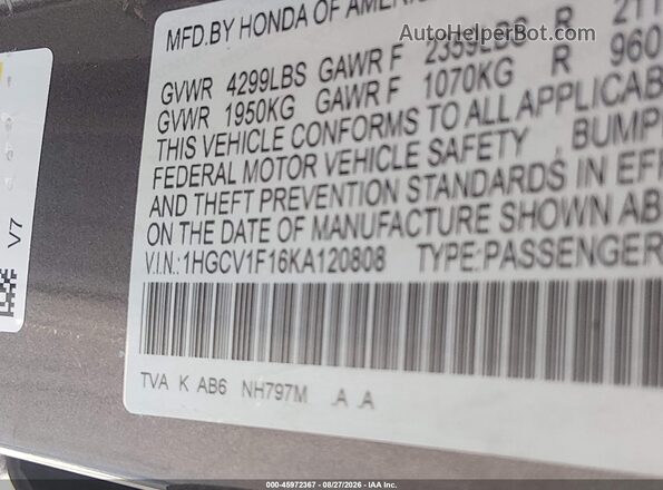 1HGCV1F16KA120808 2019 HONDA ACCORD Gray Widok komory silnika