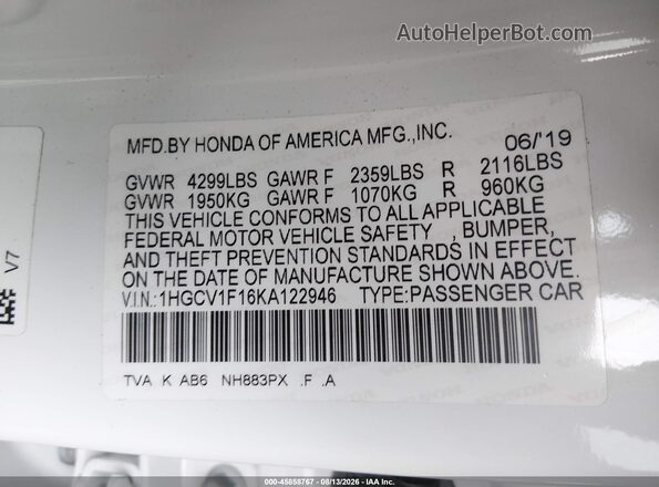 1HGCV1F16KA122946 2019 HONDA ACCORD Белый Вид подкапотного пространства