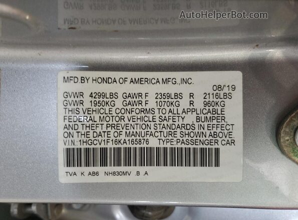 1HGCV1F16KA165876 2019 HONDA ACCORD Silver Widok komory silnika