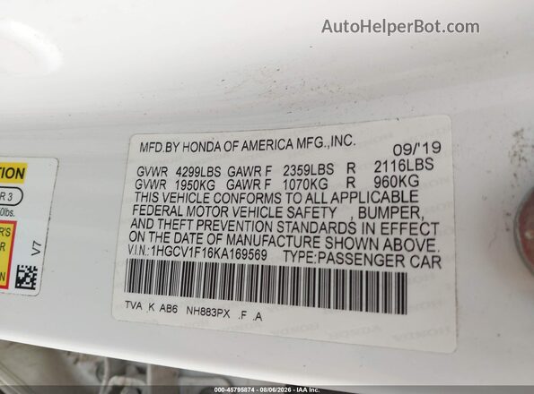 1HGCV1F16KA169569 2019 HONDA ACCORD Белый Вид подкапотного пространства