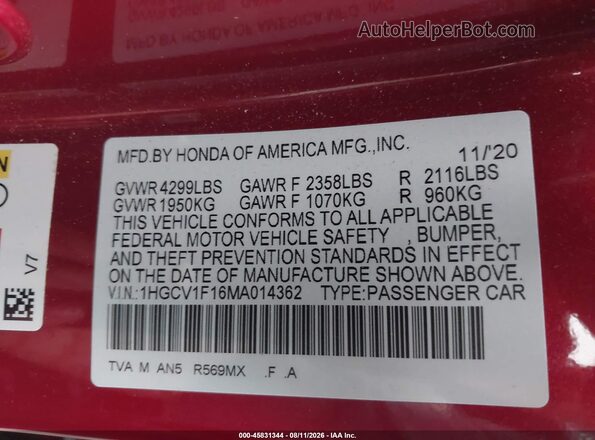 1HGCV1F16MA014362 2021 HONDA ACCORD Red ძრავის განყოფილების ხედი