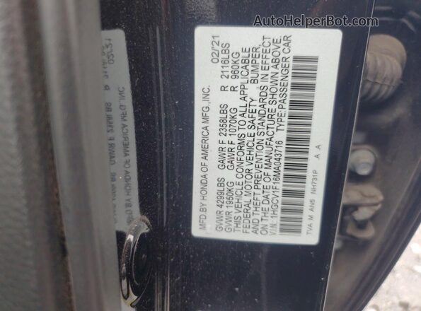 1HGCV1F16MA043716 2021 HONDA ACCORD Black Շարժիչի բաժամունքի տեսք