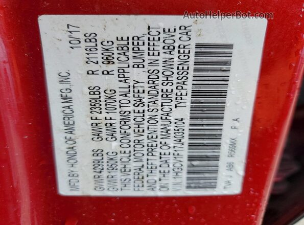 1HGCV1F17JA035104 2018 HONDA ACCORD Красный Вид подкапотного пространства