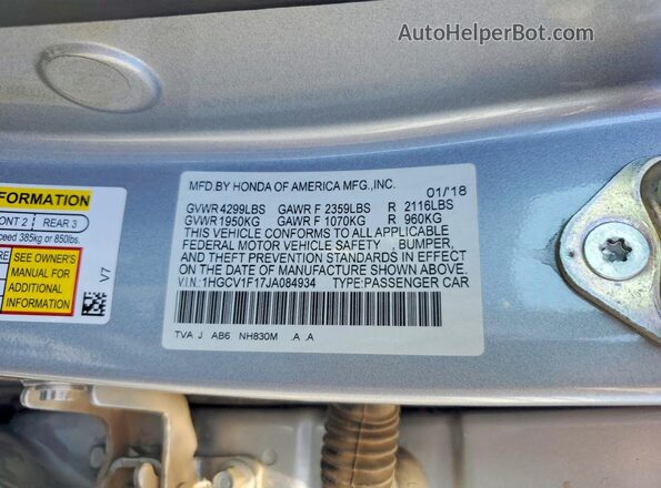 1HGCV1F17JA084934 2018 HONDA ACCORD Charcoal ძრავის განყოფილების ხედი
