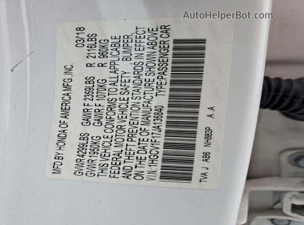 1HGCV1F17JA136840 2018 HONDA ACCORD White Engine compartment view