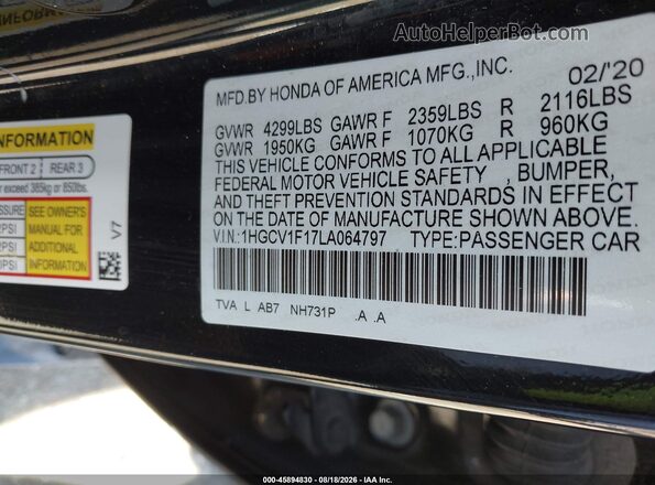1HGCV1F17LA064797 2020 HONDA ACCORD Black Widok komory silnika
