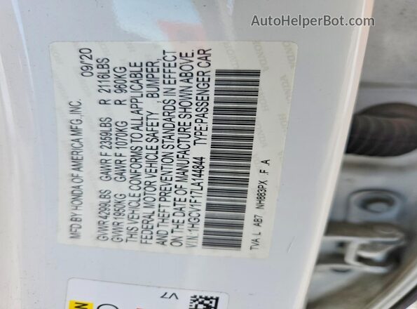 1HGCV1F17LA144844 2020 HONDA ACCORD White ძრავის განყოფილების ხედი