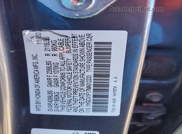 1HGCV1F17MA012233 2021 HONDA ACCORD Charcoal Вид наклейки з VIN-кодом