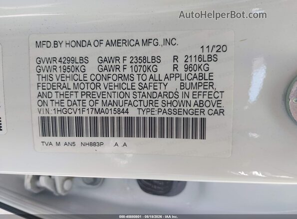 1HGCV1F17MA015844 2021 HONDA ACCORD White Вид підкапотного простору
