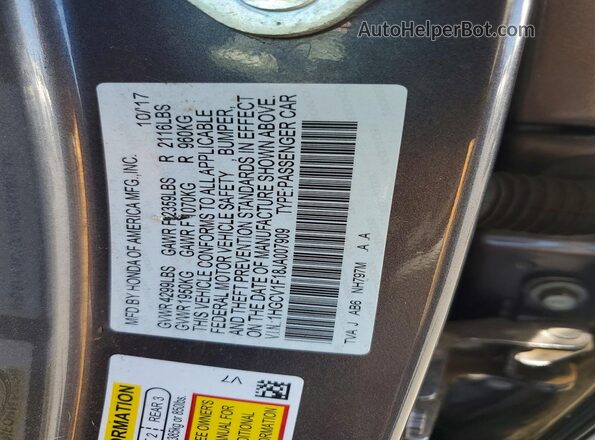 1HGCV1F18JA007909 2018 HONDA ACCORD Charcoal Vista del compartimento del motor