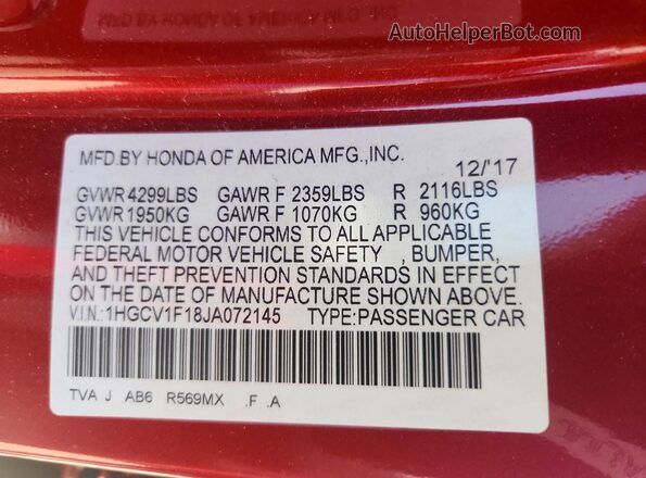 1HGCV1F18JA072145 2018 HONDA ACCORD Red Вид підкапотного простору