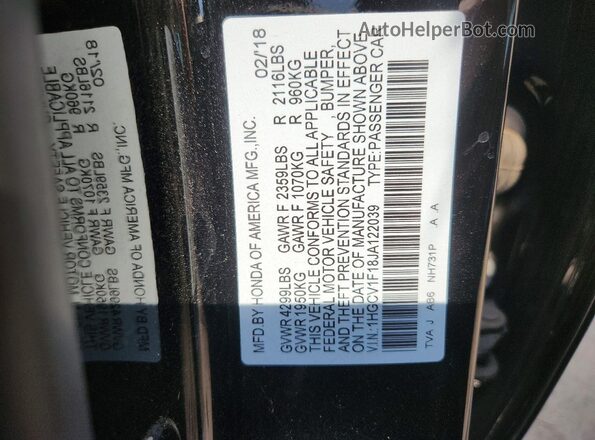 1HGCV1F18JA122039 2018 HONDA ACCORD Черный Вид подкапотного пространства