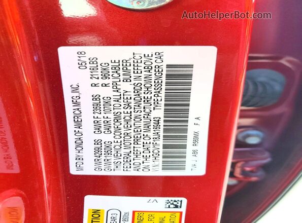 1HGCV1F18JA169443 2018 HONDA ACCORD Red ძრავის განყოფილების ხედი