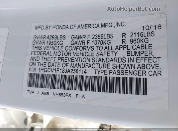 1HGCV1F18JA256114 2018 HONDA ACCORD Белый Вид подкапотного пространства