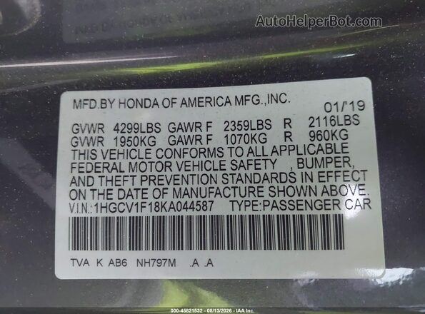1HGCV1F18KA044587 2019 HONDA ACCORD Gray Widok komory silnika