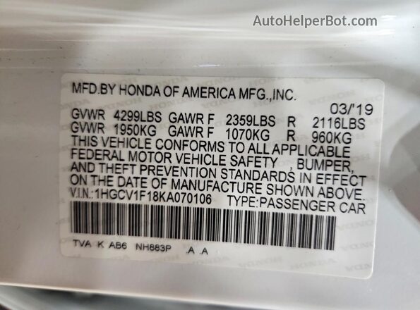 1HGCV1F18KA070106 2019 HONDA ACCORD White Widok naklejki z numerem VIN
