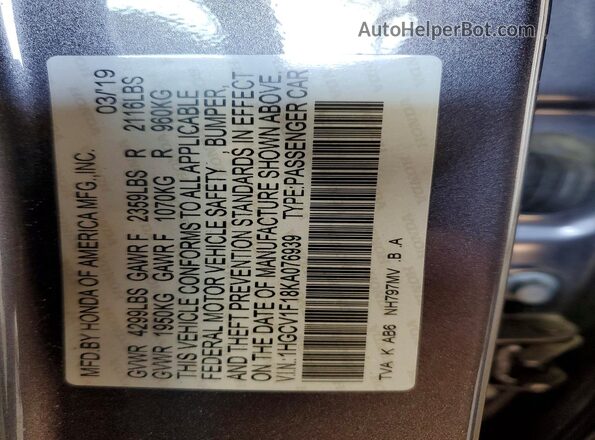 1HGCV1F18KA076939 2019 HONDA ACCORD Charcoal Widok naklejki z numerem VIN