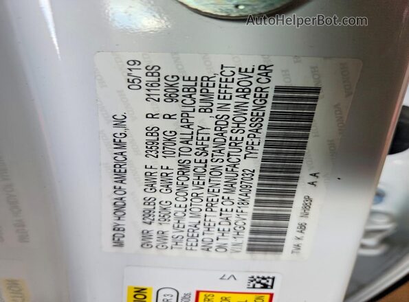 1HGCV1F18KA097032 2019 HONDA ACCORD White Vista del compartimento del motor