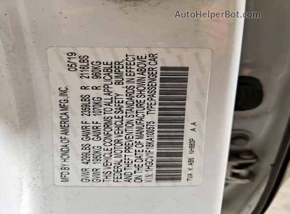 1HGCV1F18KA100575 2019 HONDA ACCORD White Engine compartment view