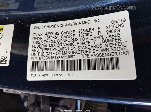 1HGCV1F18KA113097 2019 HONDA ACCORD Blue Widok komory silnika