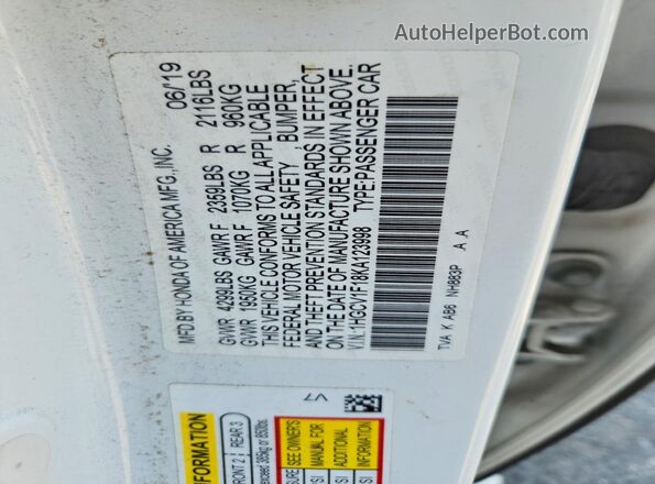 1HGCV1F18KA123998 2019 HONDA ACCORD White VIN sticker view