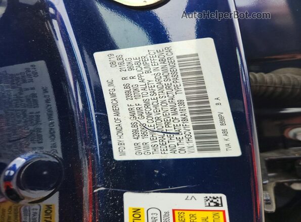 1HGCV1F18KA161389 2019 HONDA ACCORD Blue Widok komory silnika