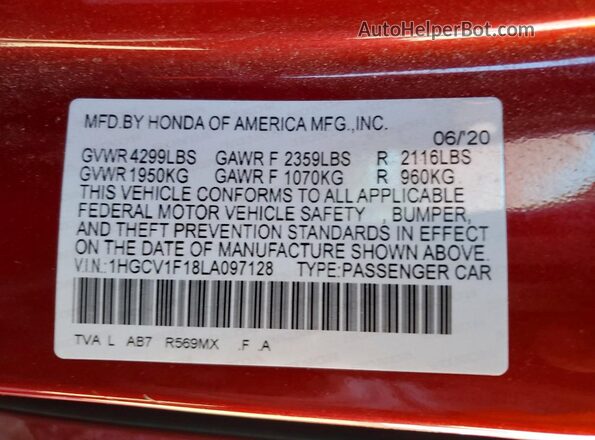 1HGCV1F18LA097128 2020 HONDA ACCORD Red Widok komory silnika