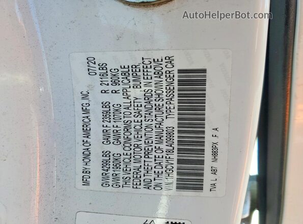 1HGCV1F18LA099803 2020 HONDA ACCORD Белый Вид подкапотного пространства