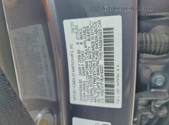 1HGCV1F18LA142021 2020 HONDA ACCORD Gray Widok naklejki z numerem VIN