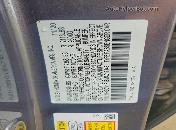1HGCV1F18MA017148 2021 HONDA ACCORD Gray Widok komory silnika