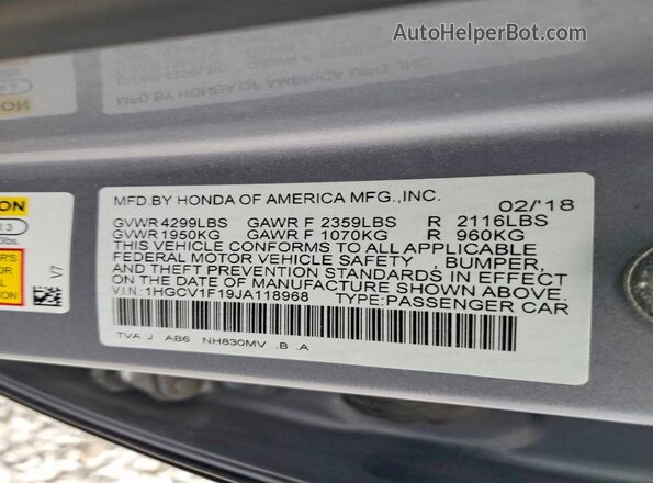 1HGCV1F19JA118968 2018 HONDA ACCORD Серебряный Вид подкапотного пространства