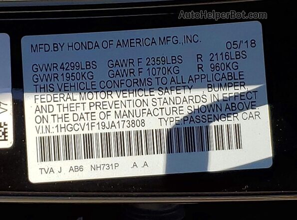 1HGCV1F19JA173808 2018 HONDA ACCORD Black Вид підкапотного простору