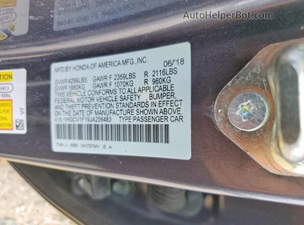 1HGCV1F19JA206483 2018 HONDA ACCORD Серый Вид подкапотного пространства