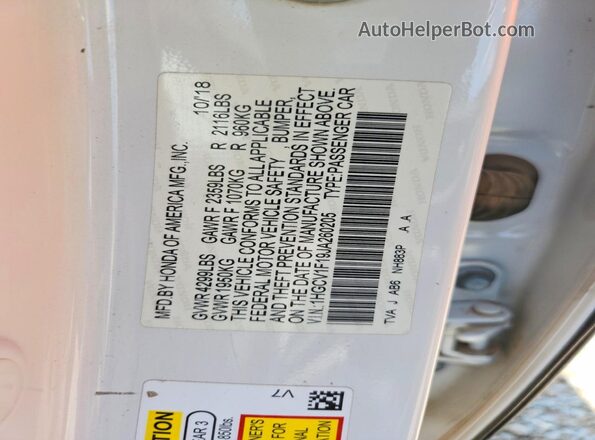 1HGCV1F19JA260205 2018 HONDA ACCORD White Вид підкапотного простору