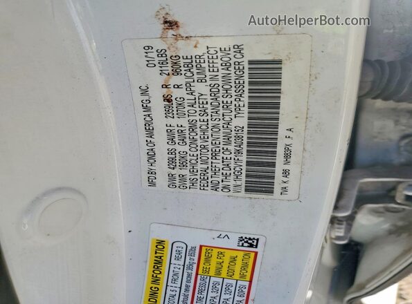 1HGCV1F19KA038152 2019 HONDA ACCORD White Вид наклейки з VIN-кодом