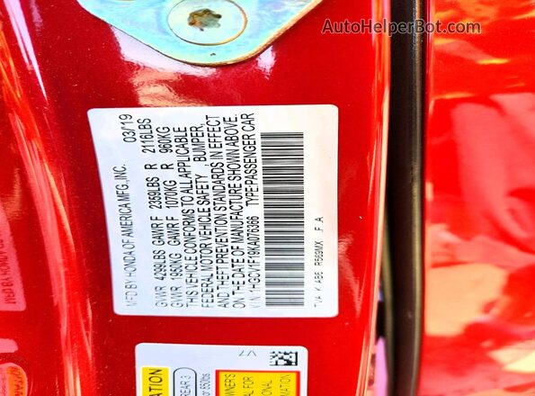 1HGCV1F19KA076366 2019 HONDA ACCORD Red VIN კოდის სტიკერის ხედი