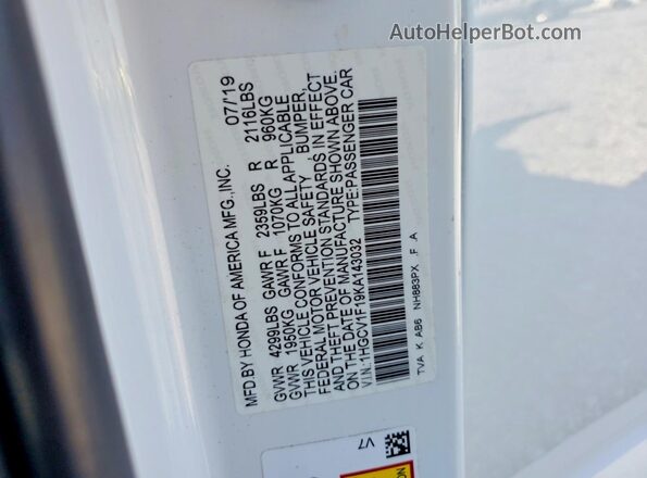 1HGCV1F19KA143032 2019 HONDA ACCORD Белый Вид подкапотного пространства