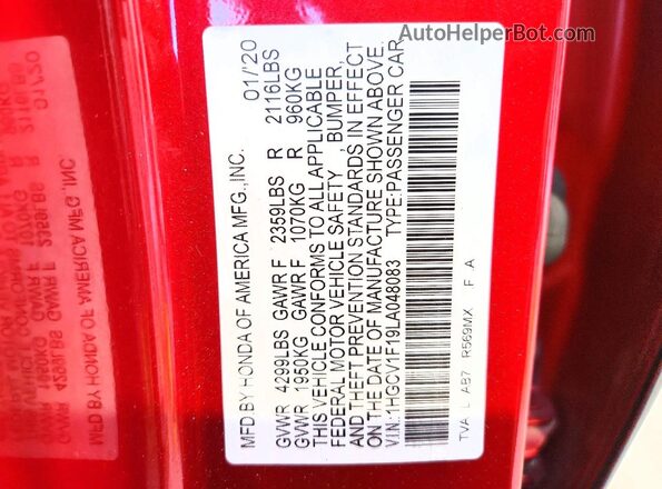 1HGCV1F19LA048083 2020 HONDA ACCORD Red Vista de la etiqueta del VIN