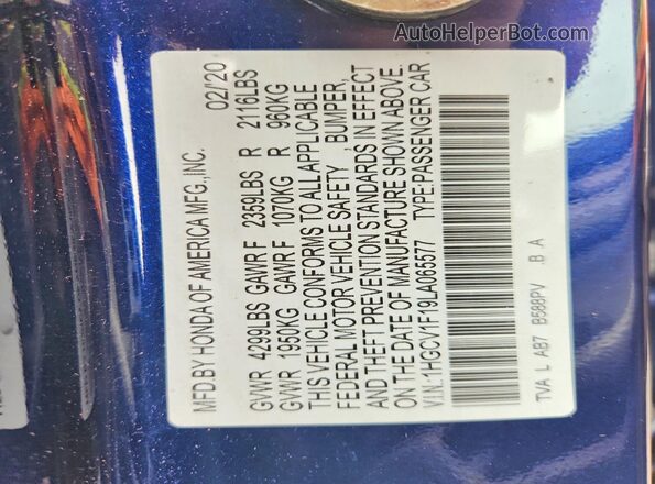 1HGCV1F19LA065577 2020 HONDA ACCORD Blue ძრავის განყოფილების ხედი