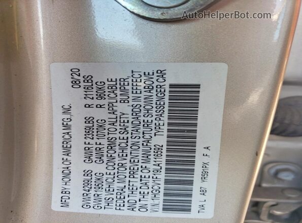 1HGCV1F19LA116592 2020 HONDA ACCORD Tan Вид підкапотного простору