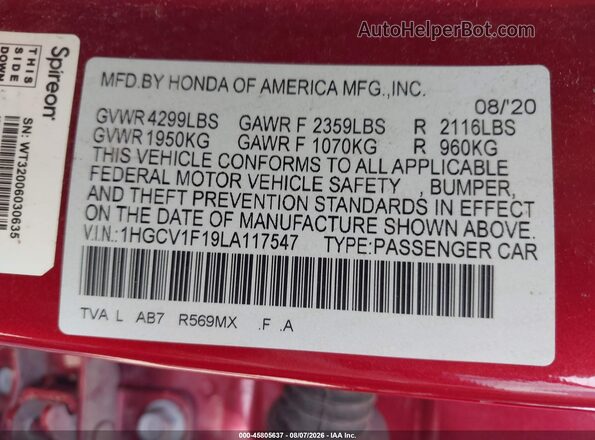 1HGCV1F19LA117547 2020 HONDA ACCORD Красный Вид подкапотного пространства