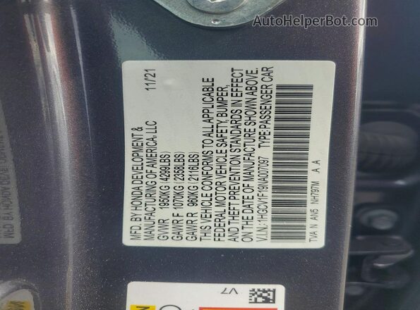 1HGCV1F19NA007097 2022 HONDA ACCORD Серый Вид наклейки с VIN-кодом