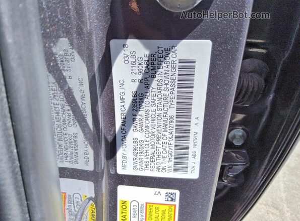 1HGCV1F1XJA127906 2018 HONDA ACCORD Серый Вид подкапотного пространства