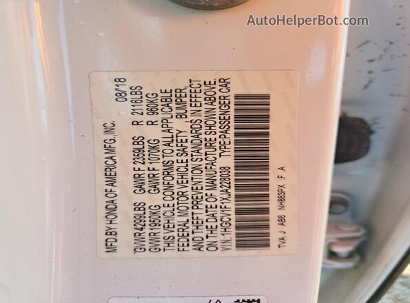 1HGCV1F1XJA228038 2018 HONDA ACCORD White Widok naklejki z numerem VIN