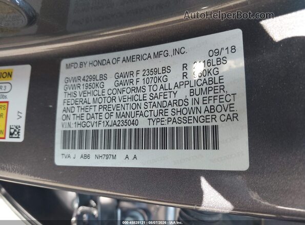 1HGCV1F1XJA235040 2018 HONDA ACCORD Gray Շարժիչի բաժամունքի տեսք