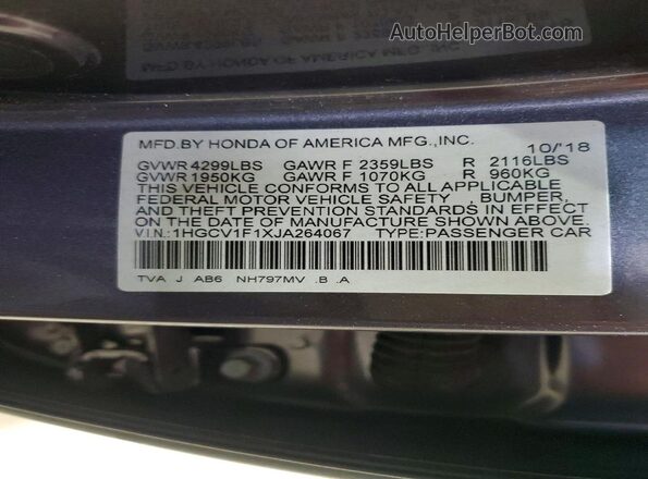 1HGCV1F1XJA264067 2018 HONDA ACCORD Gray ძრავის განყოფილების ხედი