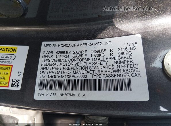 1HGCV1F1XKA020033 2019 HONDA ACCORD Gray Engine compartment view