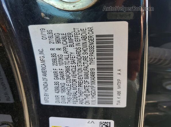 1HGCV1F1XKA049919 2019 HONDA ACCORD Черный Вид подкапотного пространства